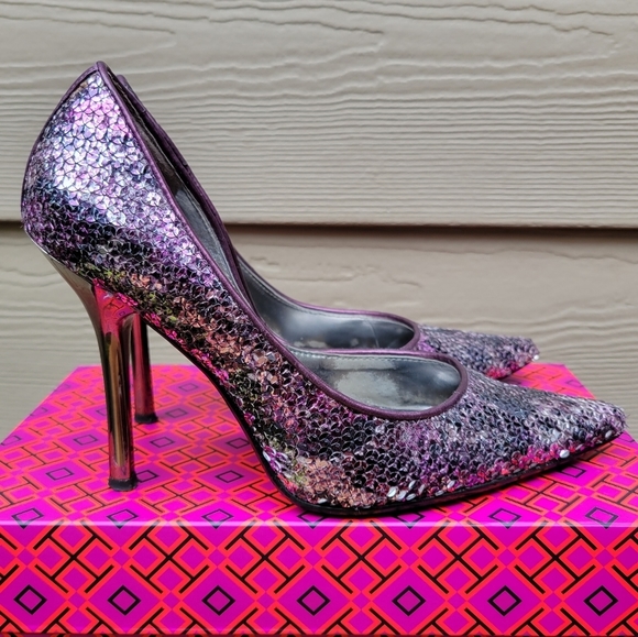 2/$18 Guess d'Orsay Purple Snakeskin Sequined Pointed Toe Heels Stilettos 6 M - Picture 12 of 15